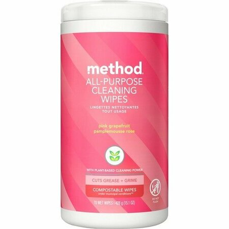 METHOD Wipes, Cleaning, Plant-based, Pink Grapefruit, 70/Tub, White MTH338527